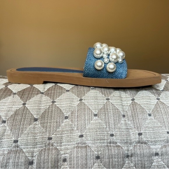 Stuart Weitzman Blue Denim Slide Flat Slip On Sandal Shoes w/ Pearls Women 5 B - Picture 4 of 14